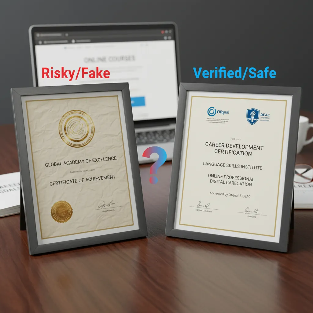 A comparison graphic showing two certificates. One has a generic 'gold seal' and is labeled 'Risky/Fake', the other has the Ofqual and DEAC logos and is labeled 'Verified/Safe'.