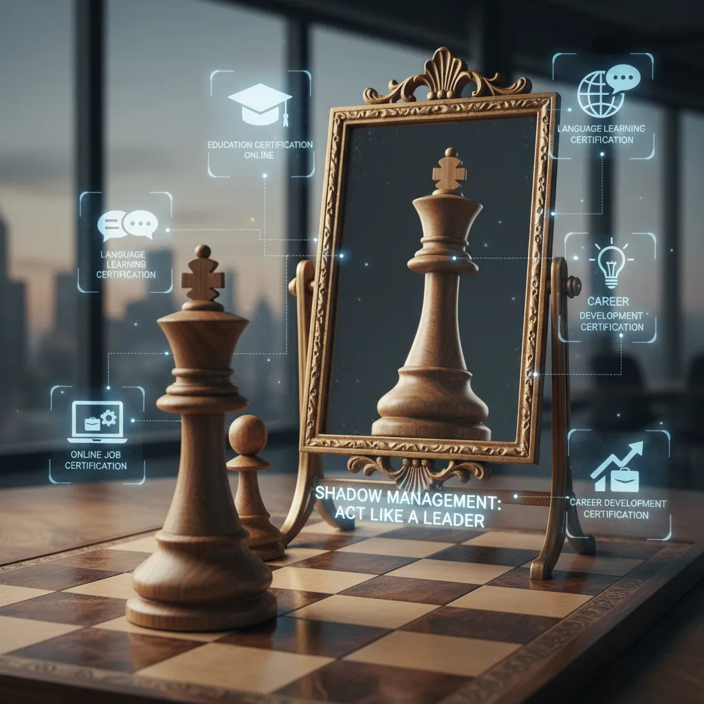 A conceptual illustration of a chess piece looking into a mirror and seeing a King reflection, representing the 'Shadow Management' phase of acting like a leader before being promoted.