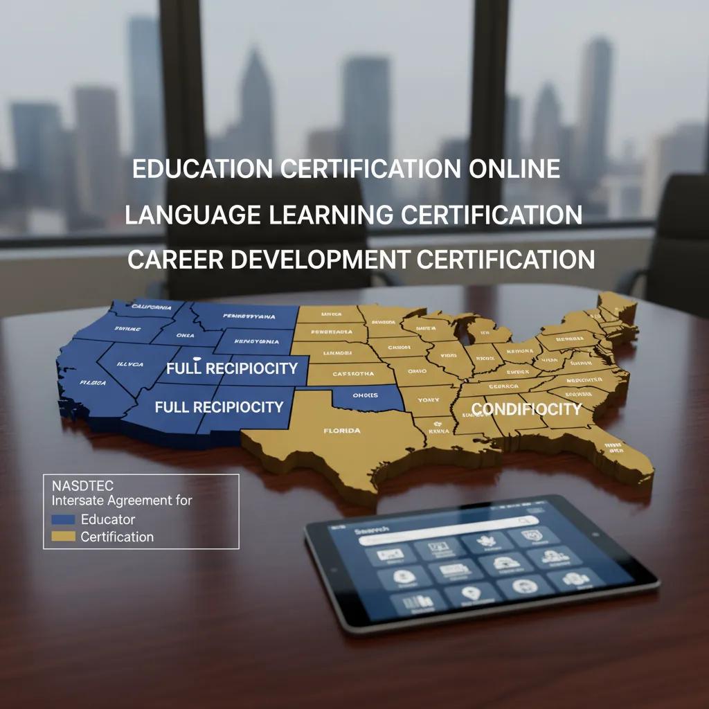 A map of the United States color-coded to show states with 'Full Reciprocity' vs 'Conditional Reciprocity' based on NASDTEC agreements.
