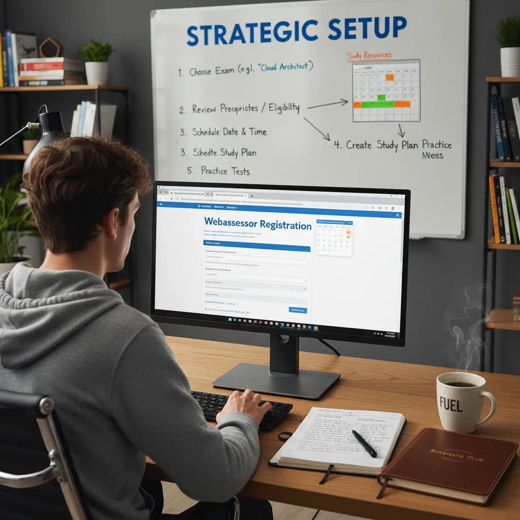 detailed visual description relevant to Day 0: Strategic Setup and the Webassessor Registration Process