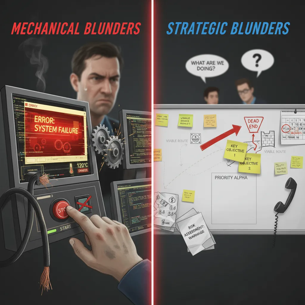 detailed visual description relevant to Performance-Based Questions (PBQs): Mechanical and Strategic Blunders